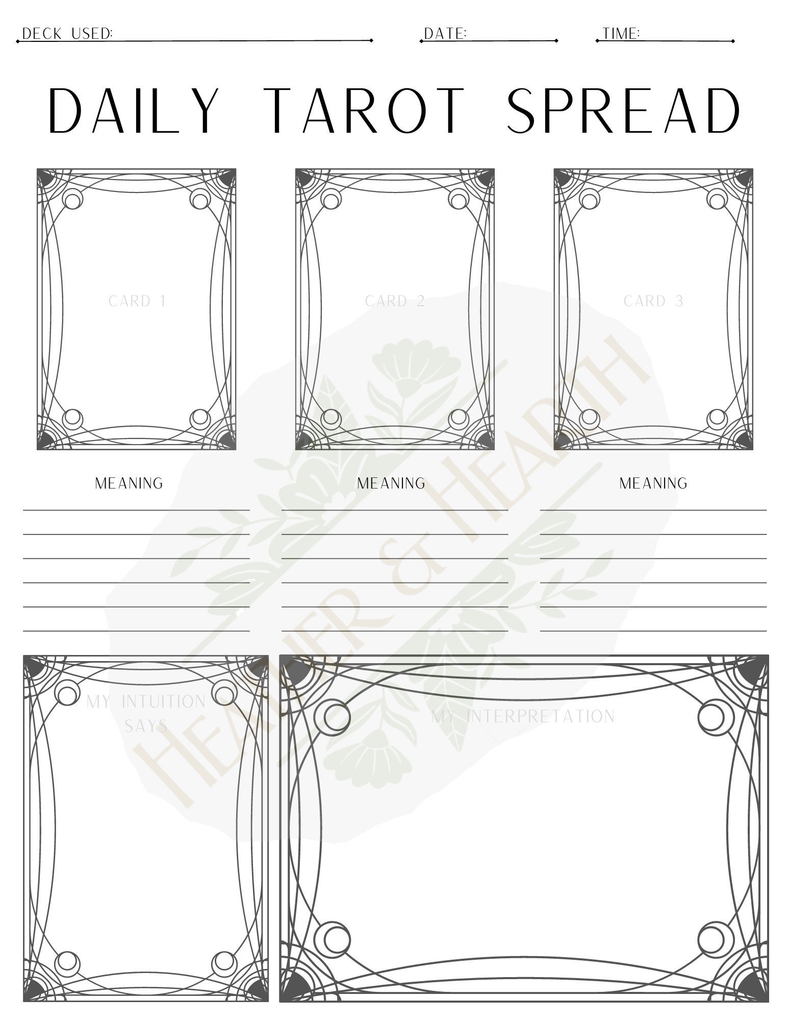 Printable Daily Tarot Spread Worksheet For Three Card Tarot Pull Learn Tarot Study Sheets For Deeper Meaning Intuitive Enhancement Etsy