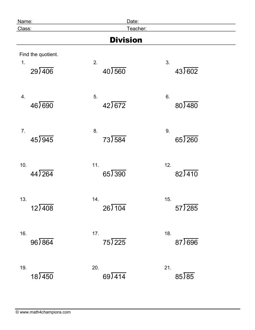 Printable Division Worksheets For Teachers Math Champions