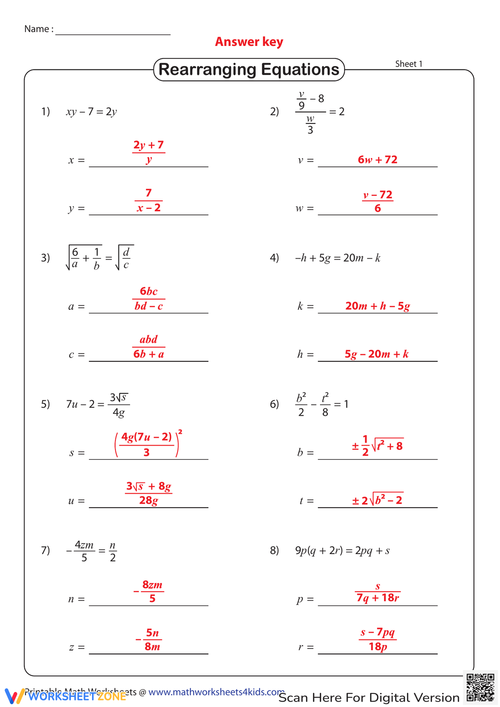 literal equations worksheet