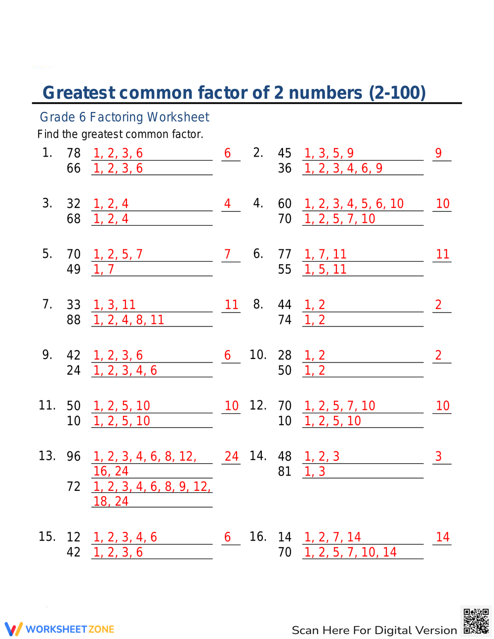 Printable Greatest Common Factor Worksheets Download