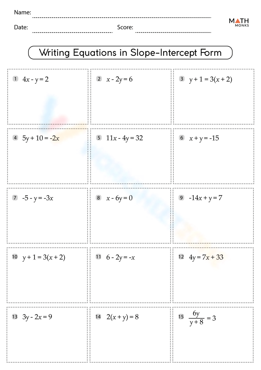 Printable Slope Intercept Form Worksheets Download