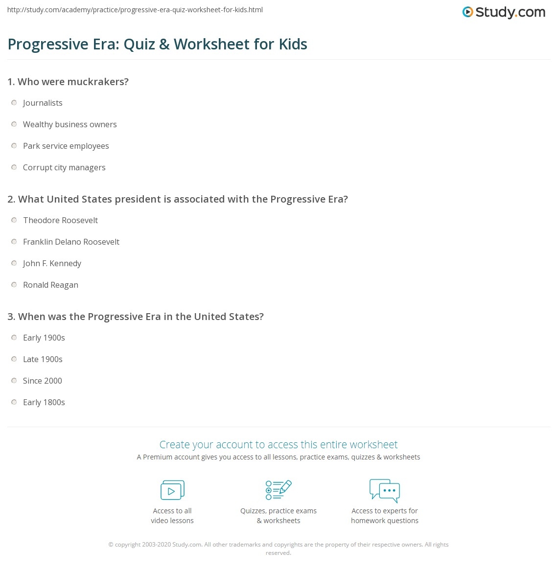 Progressive Era Quiz Worksheet For Kids Study