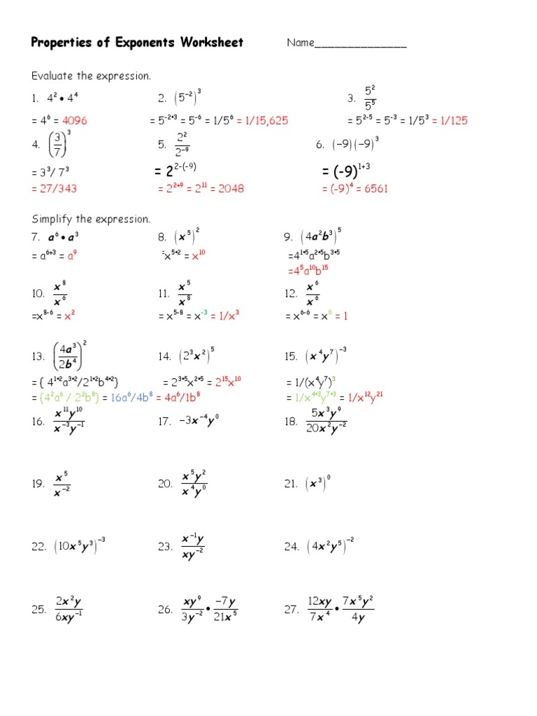 Properties Of Exponents Worksheet 4 A 2 B 1 x Y Download Worksheets Library