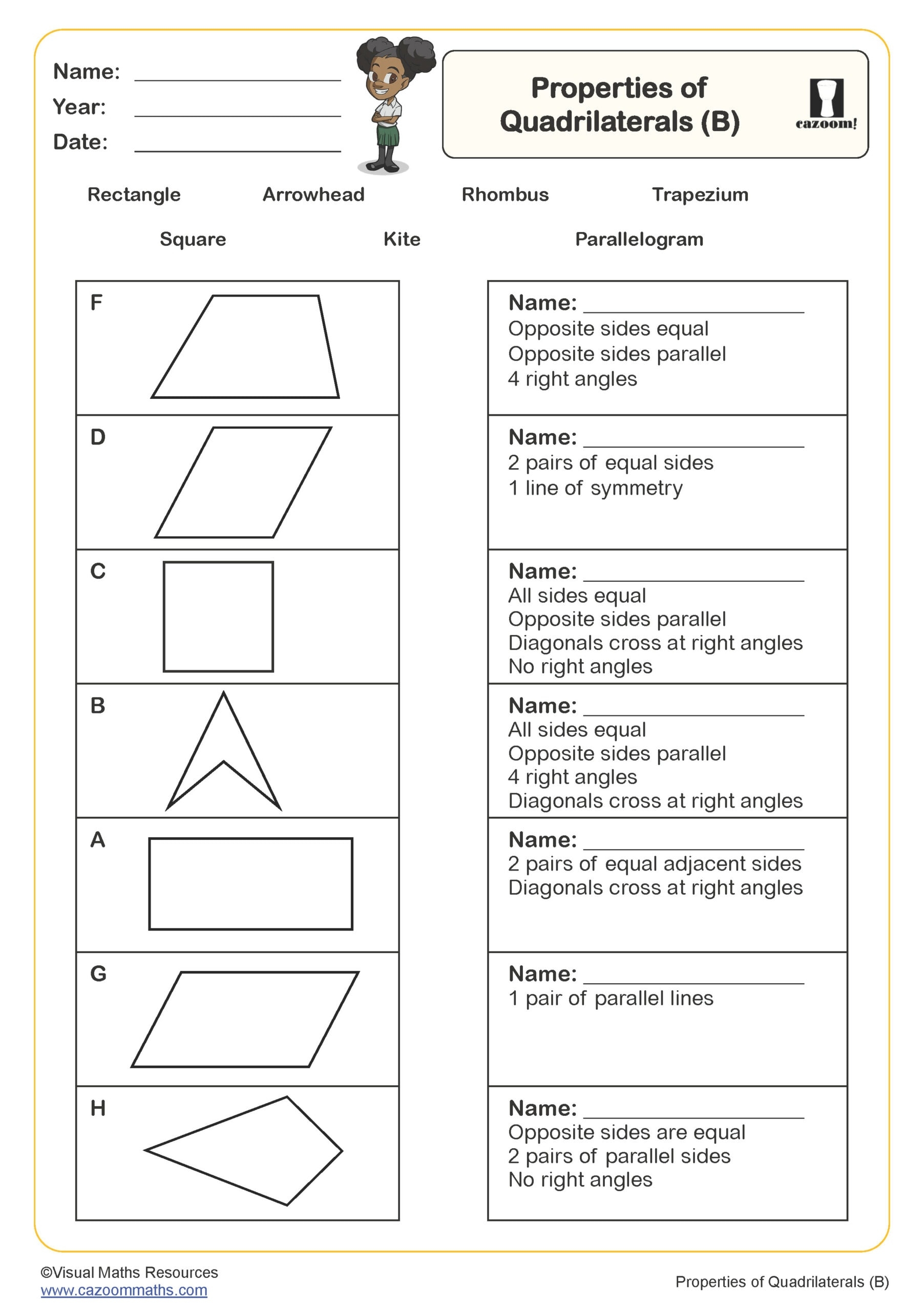 Properties Of Quadrilaterals Same And Different Worksheet PDF Printable Geometry Worksheets