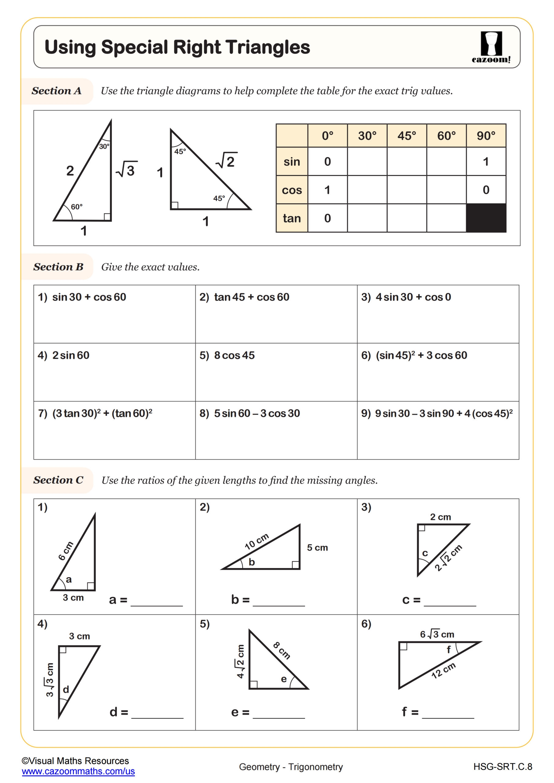 Proving Values Of Special Right Triangles Worksheet Algebra II PDF Worksheets Cazoom Math