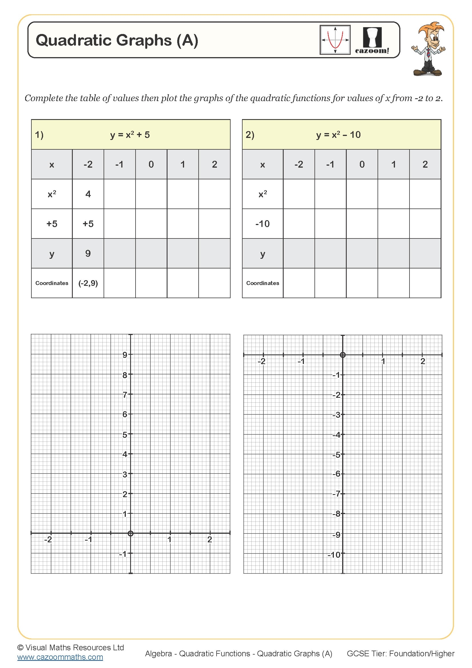 Quadratic Graphs A Worksheet Printable Maths Worksheets