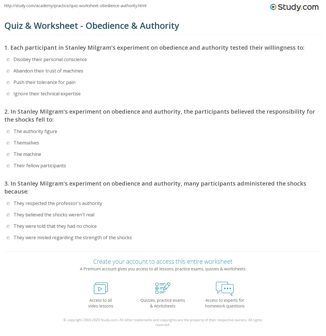 Quiz Worksheet Obedience Authority Study