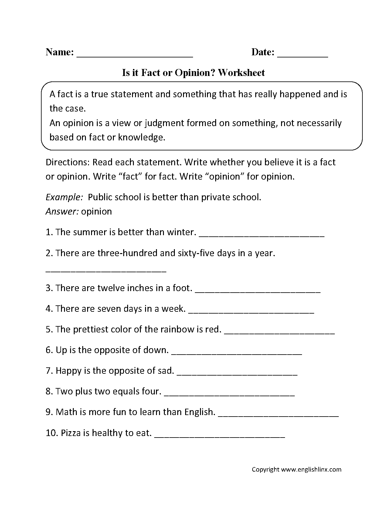 fact or opinion worksheet