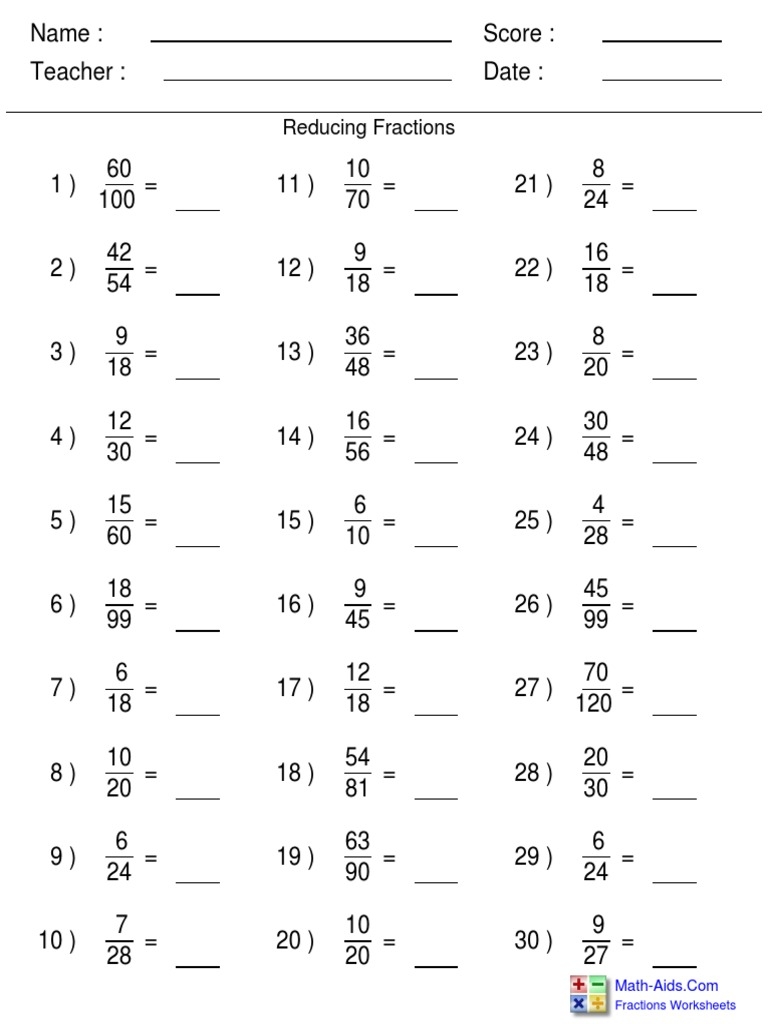 Reduce Fractions PDF Worksheets Library