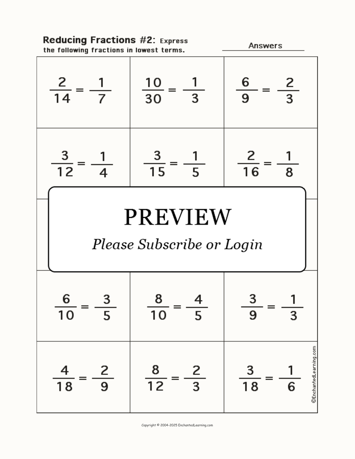Reducing Fractions Worksheet 2 Enchanted Learning