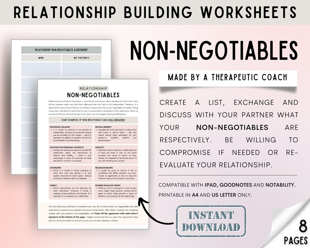 RELATIONSHIP NON NEGOTIABLES Worksheet Relationship Building For Couples Marriage Counselling Couples Therapy Etsy