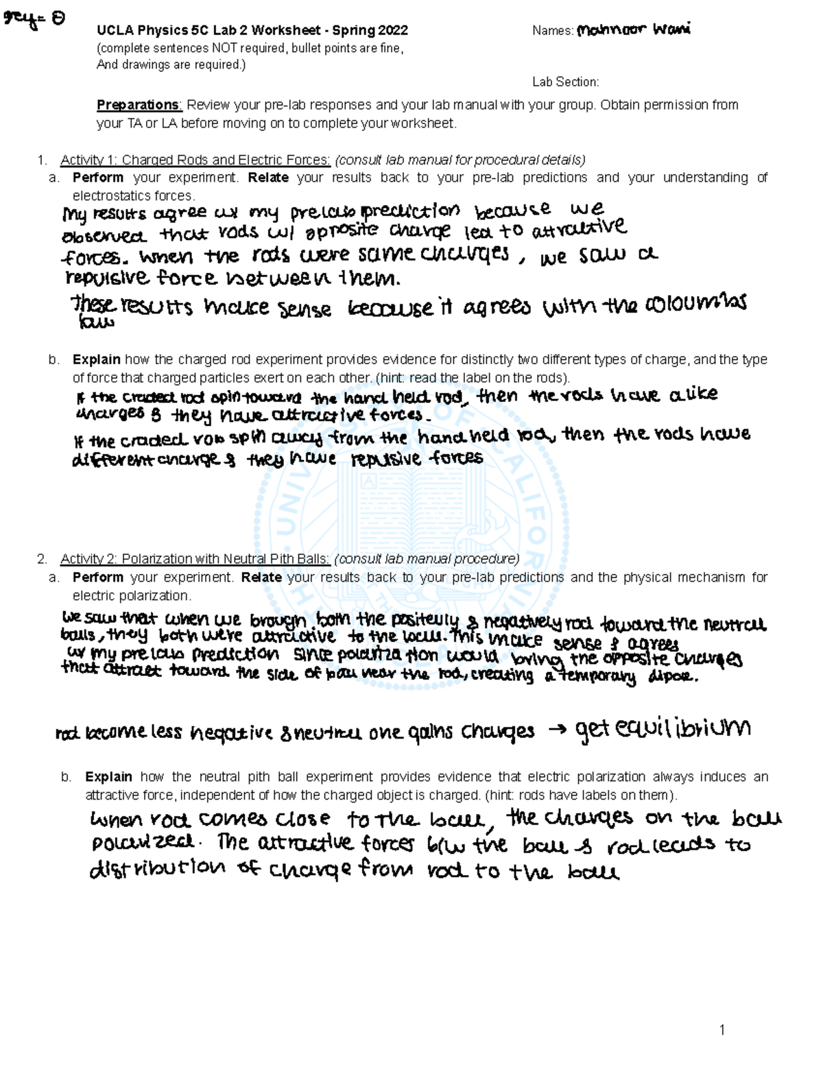S22 5CL Lab 2 Worksheet O UCLA Physics 5C Lab 2 Worksheet Spring 2022 Names Mannoor Wani Studocu