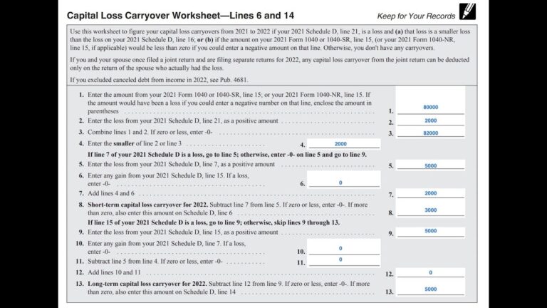 Schedule D Capital Loss Carryover Worksheet Walkthrough Lines 6 amp 14 Worksheets Library