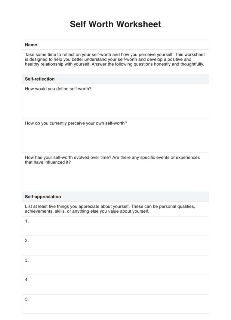 Self Worth Worksheet