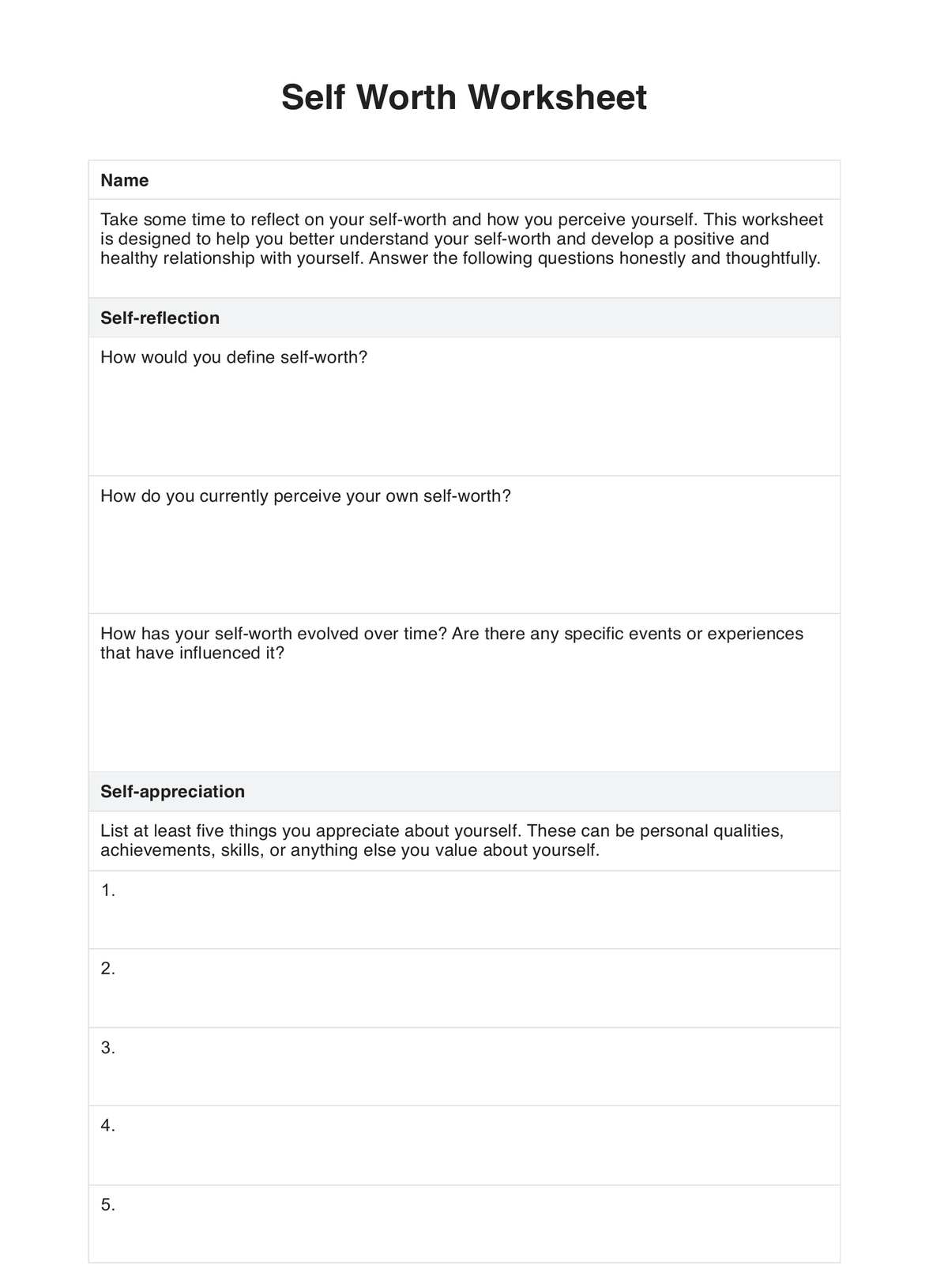 Self Worth Worksheet