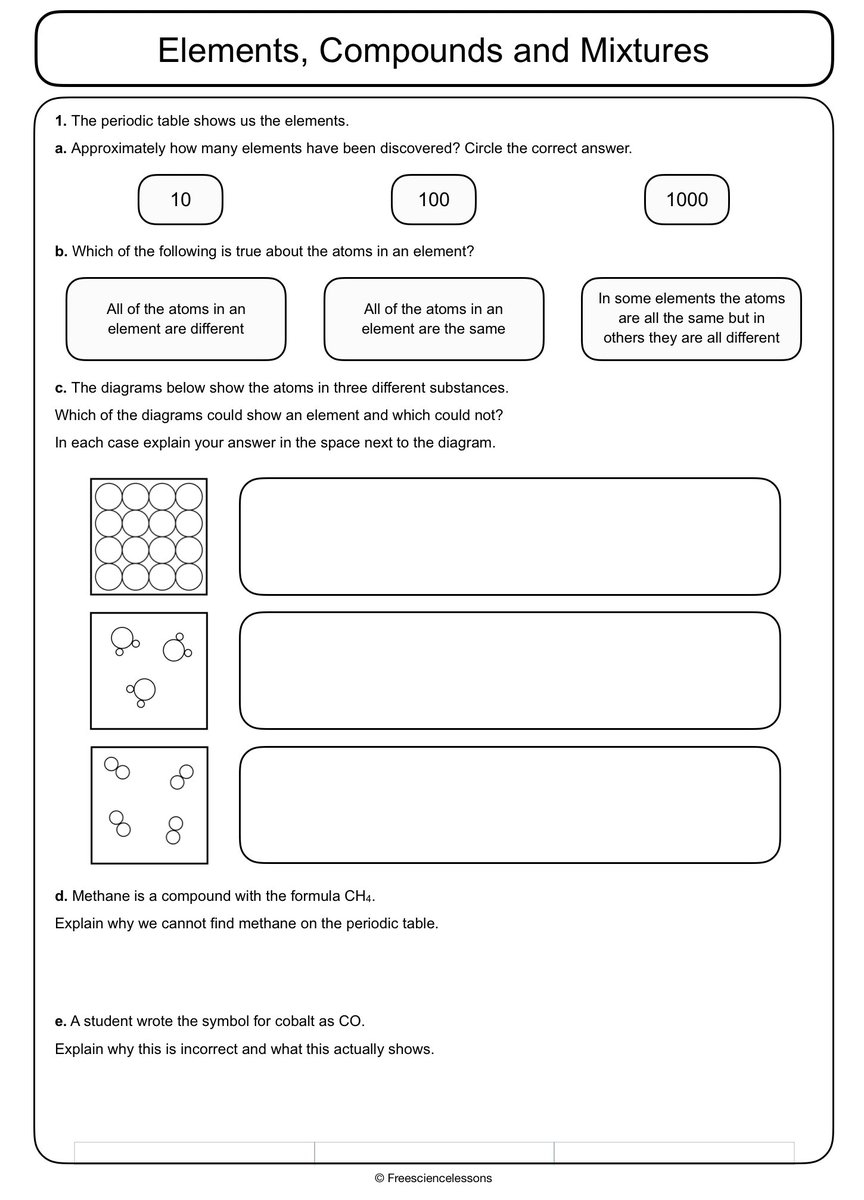 elements compounds and mixtures worksheet