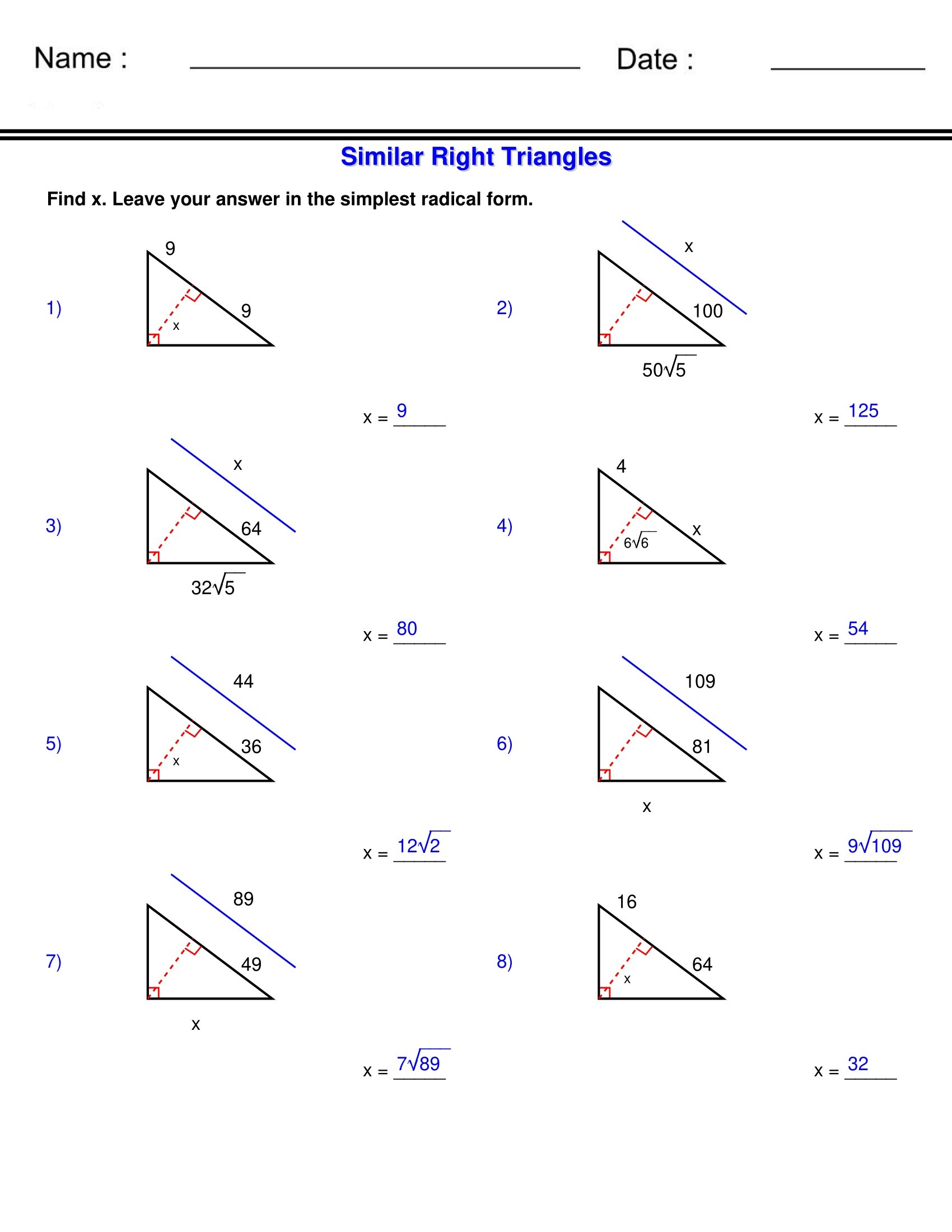 similar triangles worksheet similar triangles worksheet
