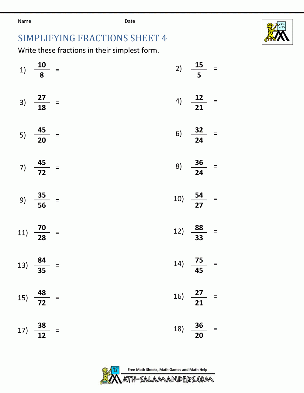 Simplifying Fractions Worksheet