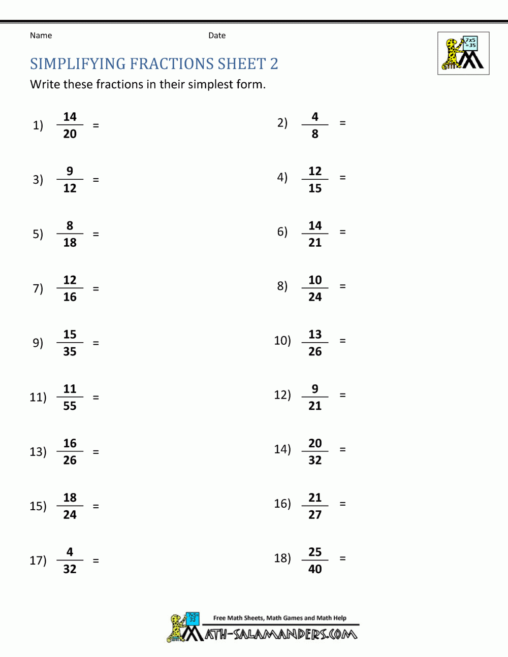 Simplifying Fractions Worksheet Worksheets Library