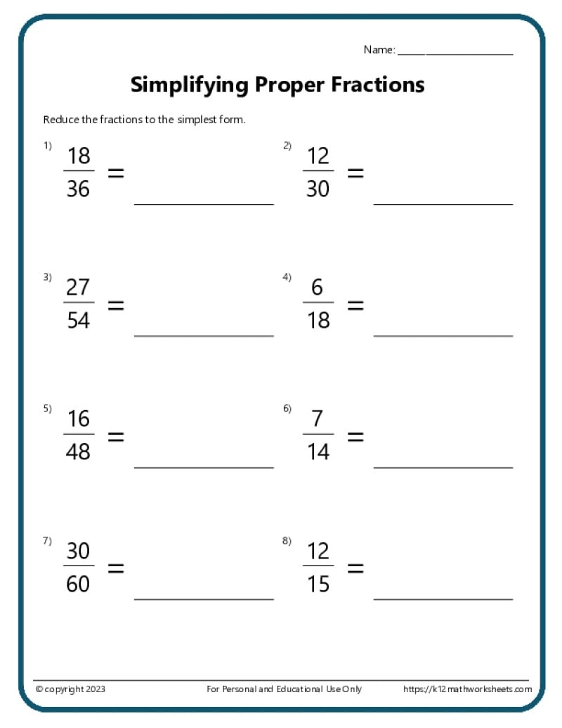 Simplifying Fractions Worksheets K12mathworksheets