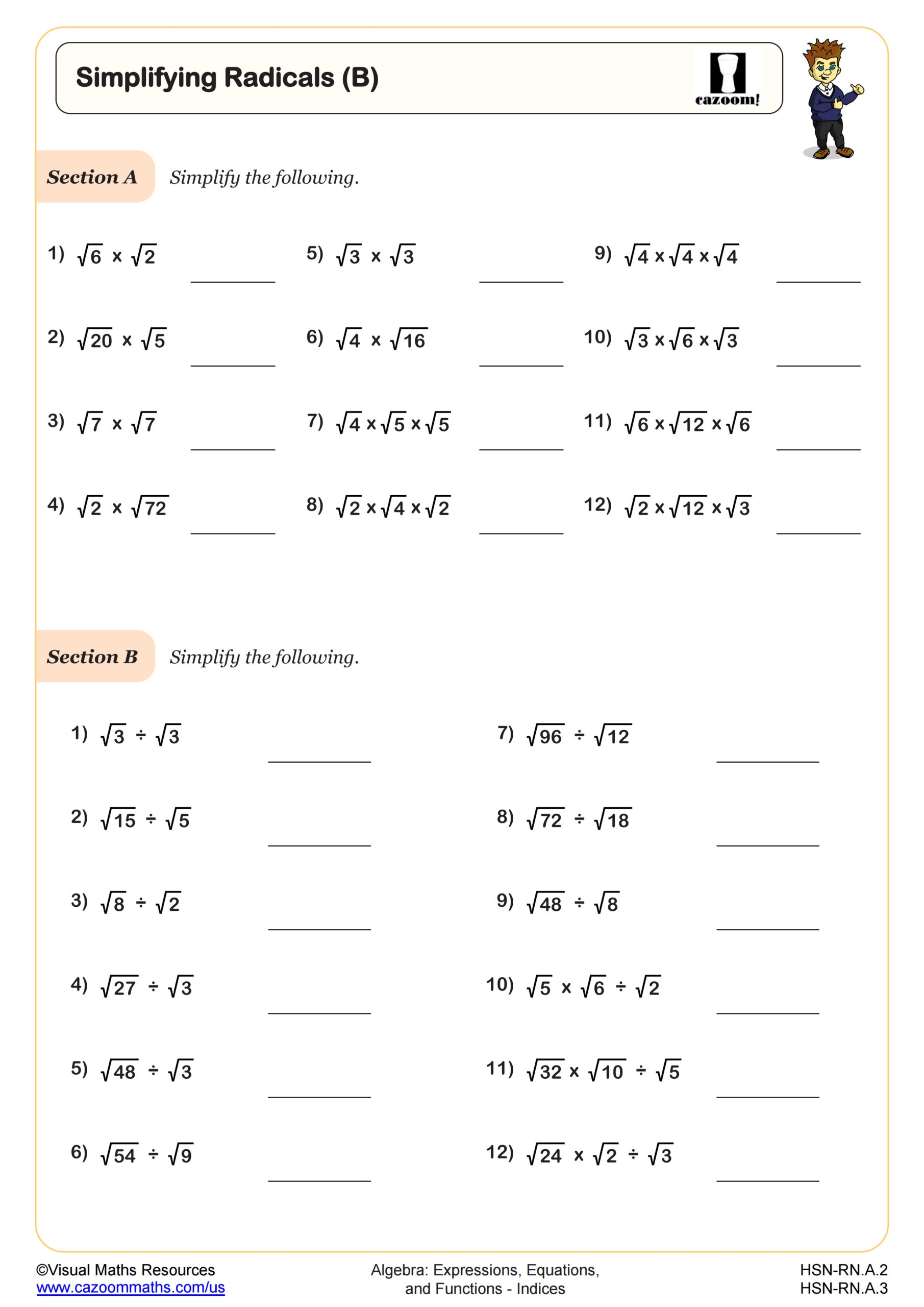 Simplifying Radicals B Worksheet Fun And Engaging Algebra I PDF Worksheets Cazoom Math