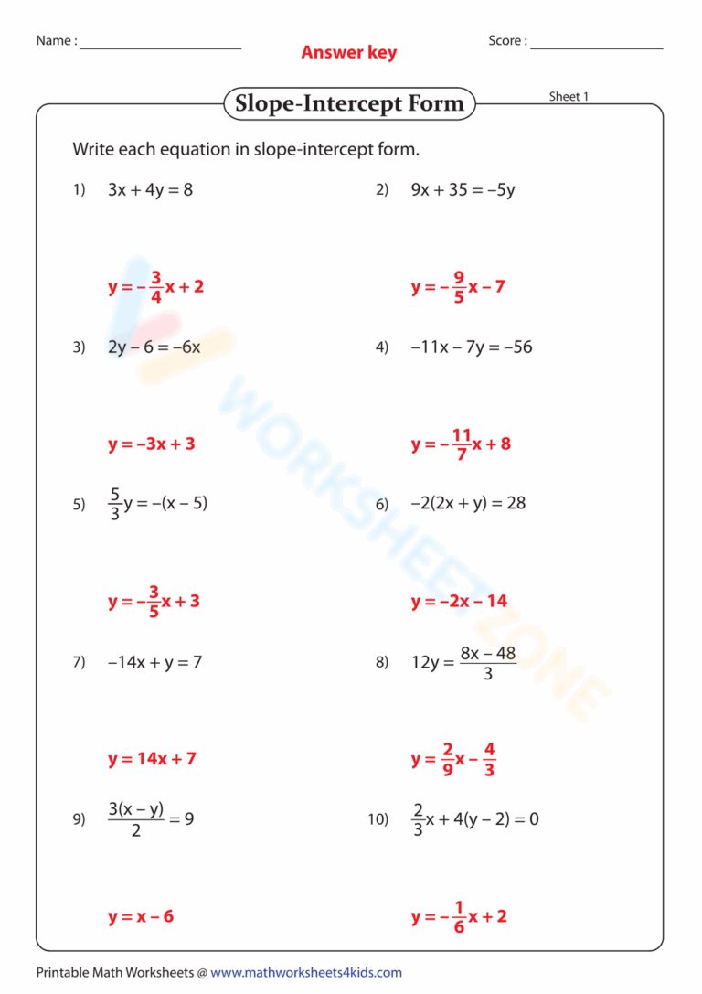Slope intercept Form Exercises Worksheet Worksheets Library