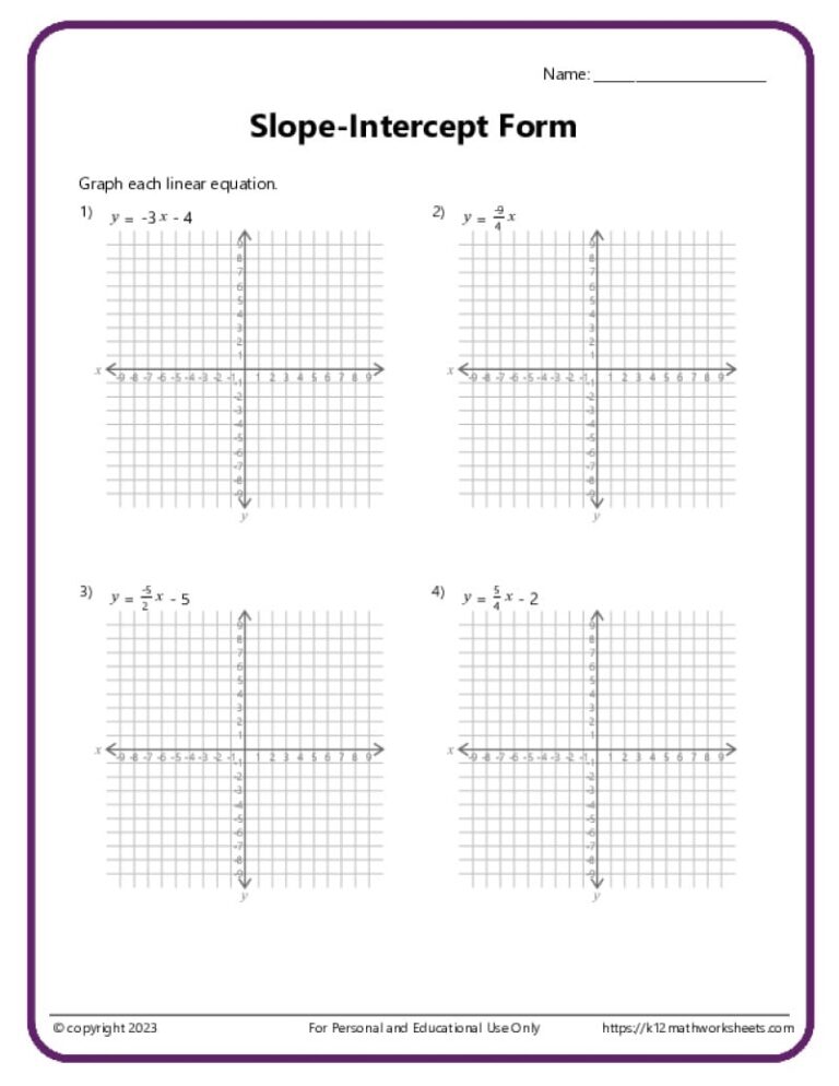 Slope Intercept Form Worksheets