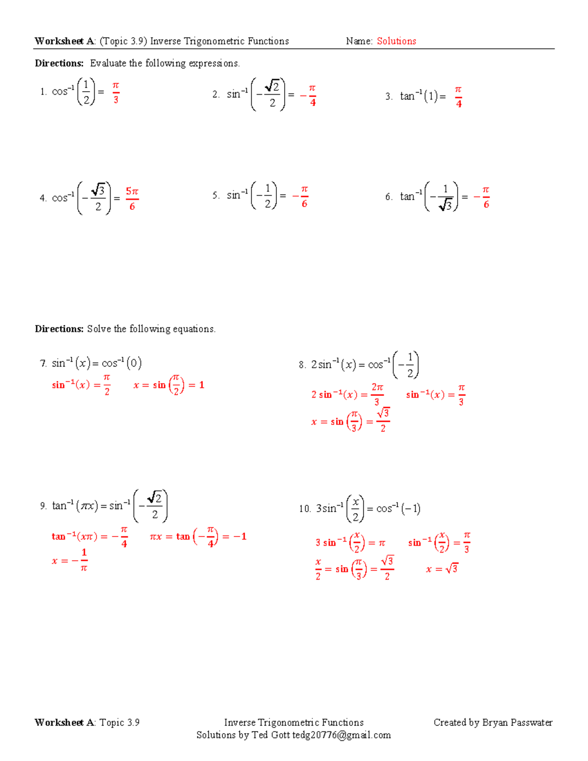 trigonometry and inverse functions worksheet