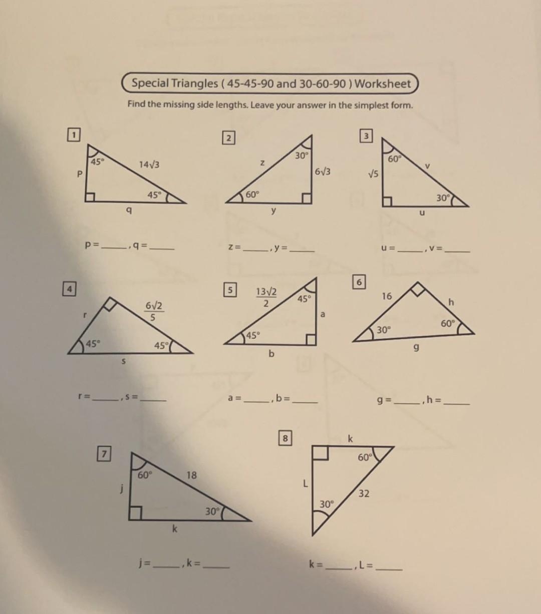 Solved Special Triangles 45 45 90 And 30 60 90 Worksheet Worksheets Library