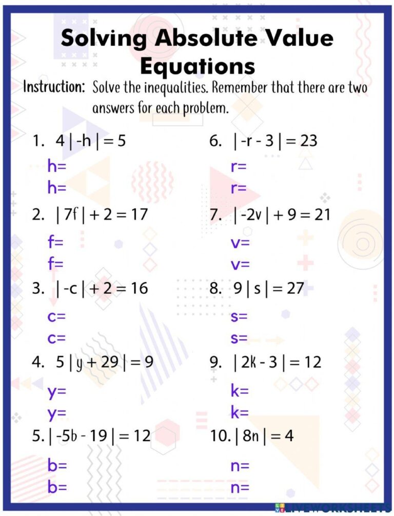 Solving Absolute Value Equations Activity Live Worksheets Worksheets Library