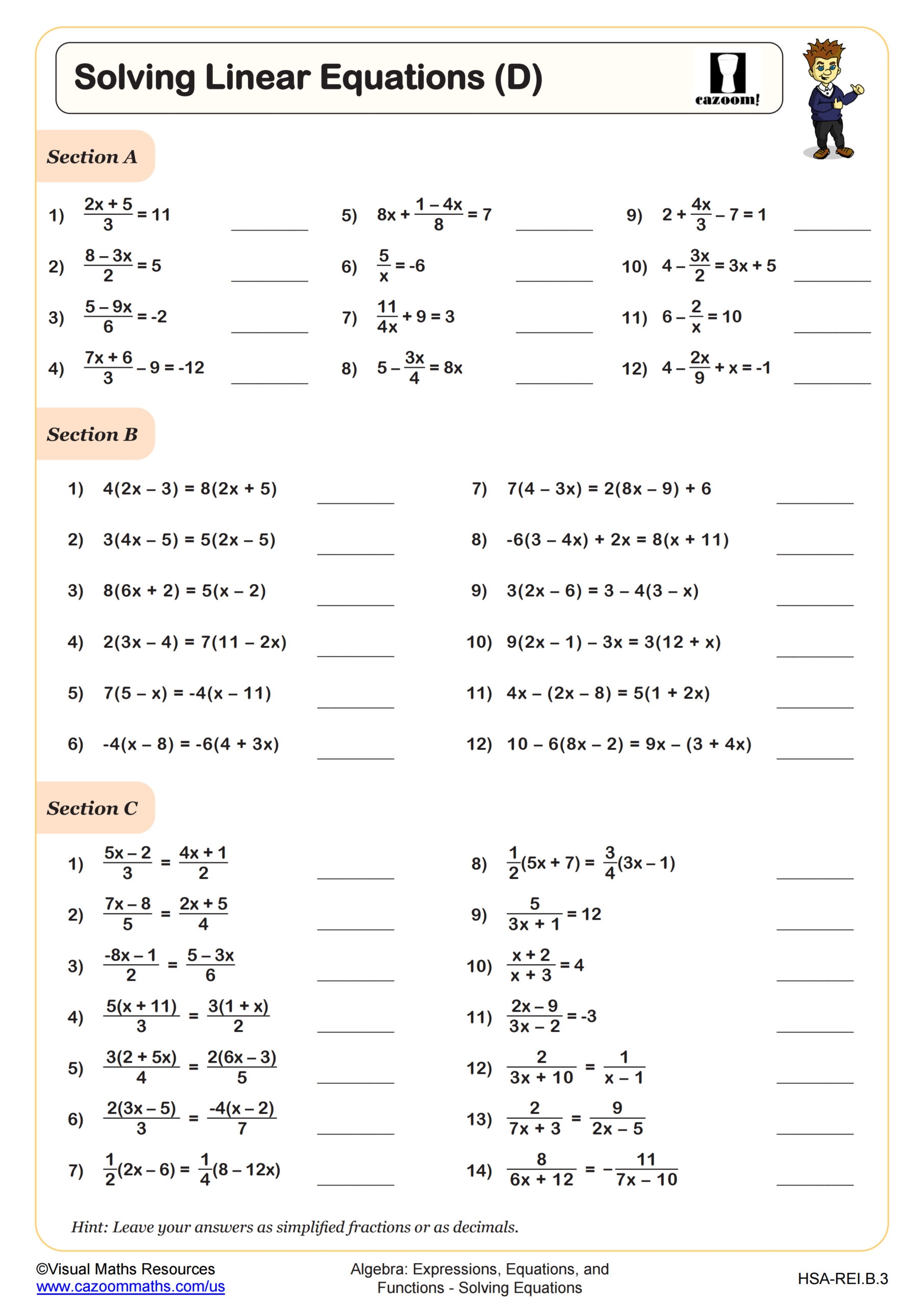 Solving Equations 15 Minute Challenge Worksheet PDF Printable Algebra Worksheet Cazoom Math