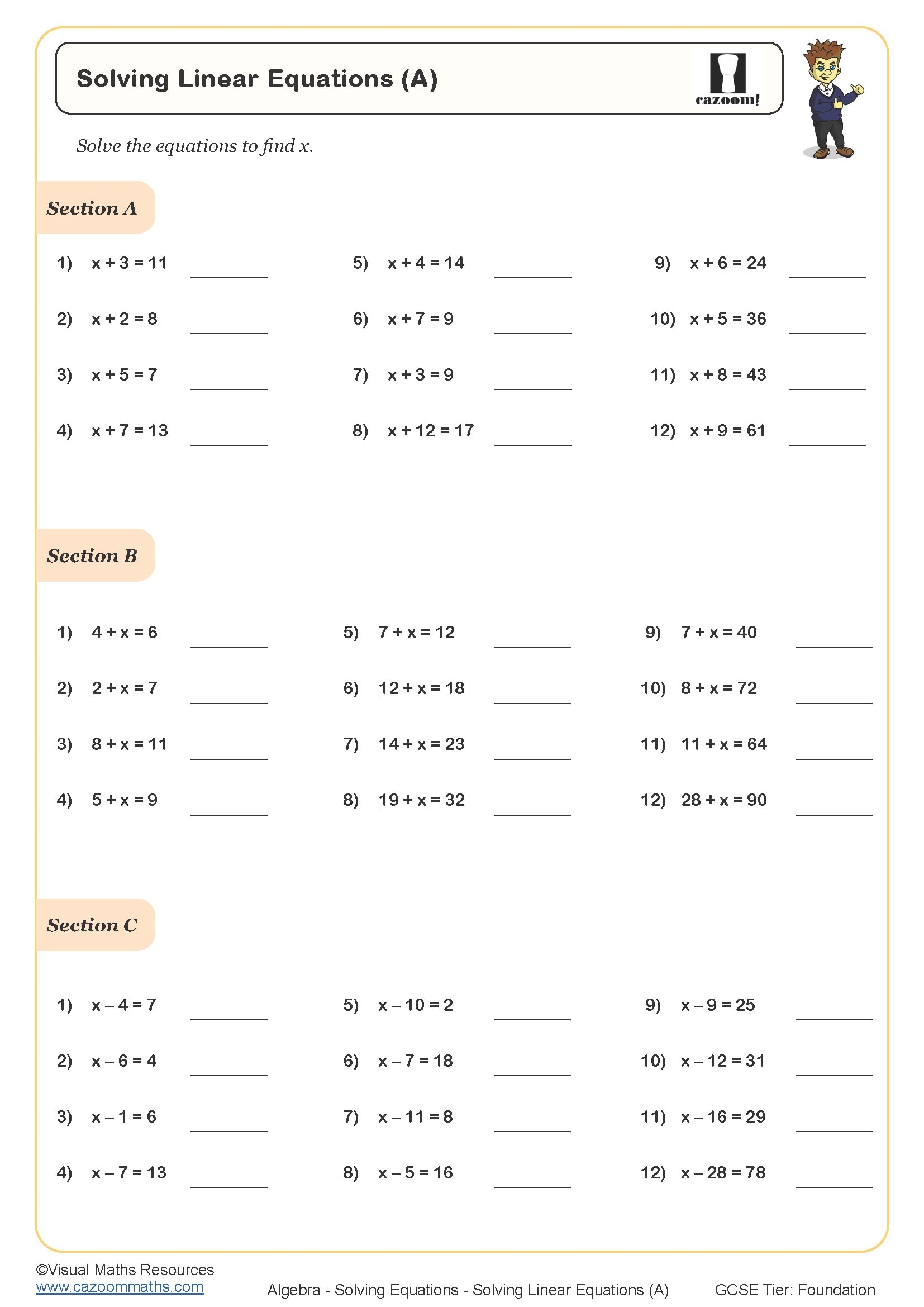 Solving Linear Equations C Worksheet Printable Maths Worksheets