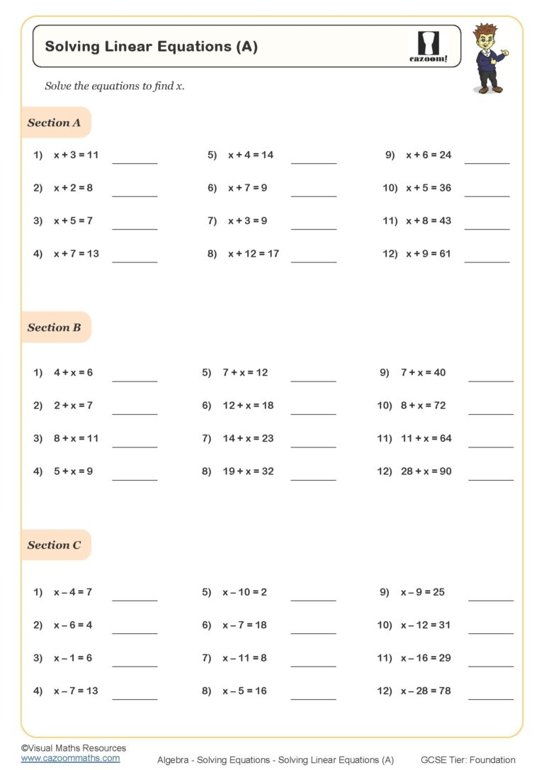 Solving Linear Equations C Worksheet Printable Maths Worksheets