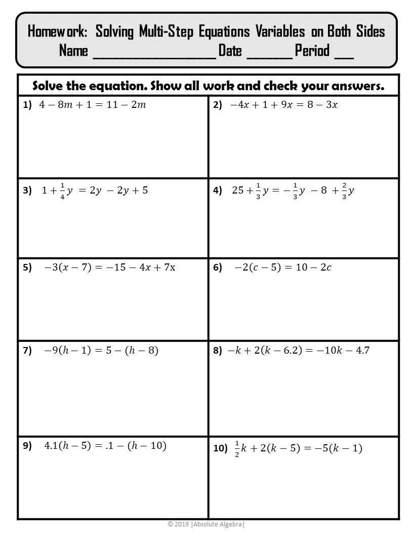 Solving Multi Step Equations Variables On Both Sides Notes Worksheets Library