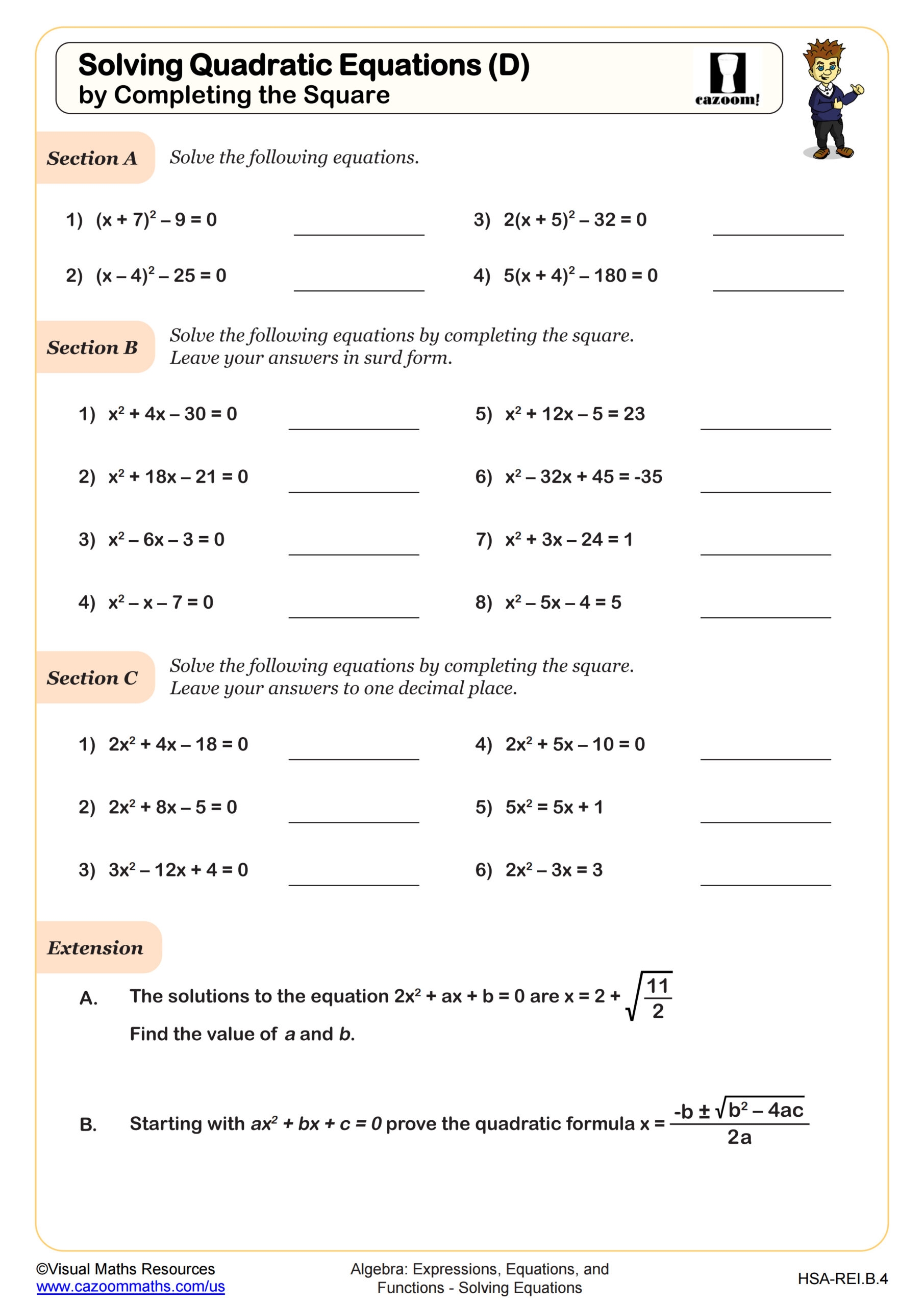Solving Quadratic Equations D By Completing The Square Worksheet Fun And Engaging Algebra I PDF Worksheets Cazoom Math