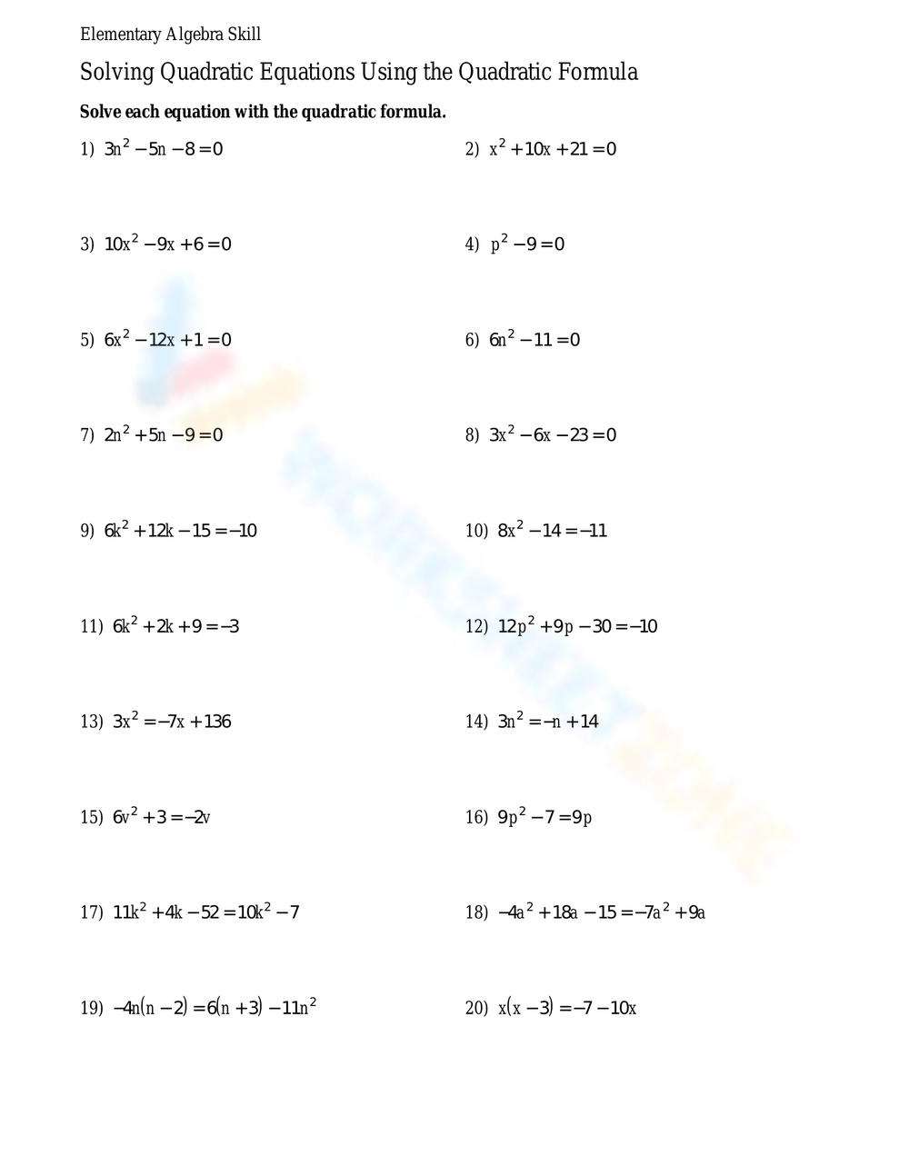 quadratic equations worksheet
