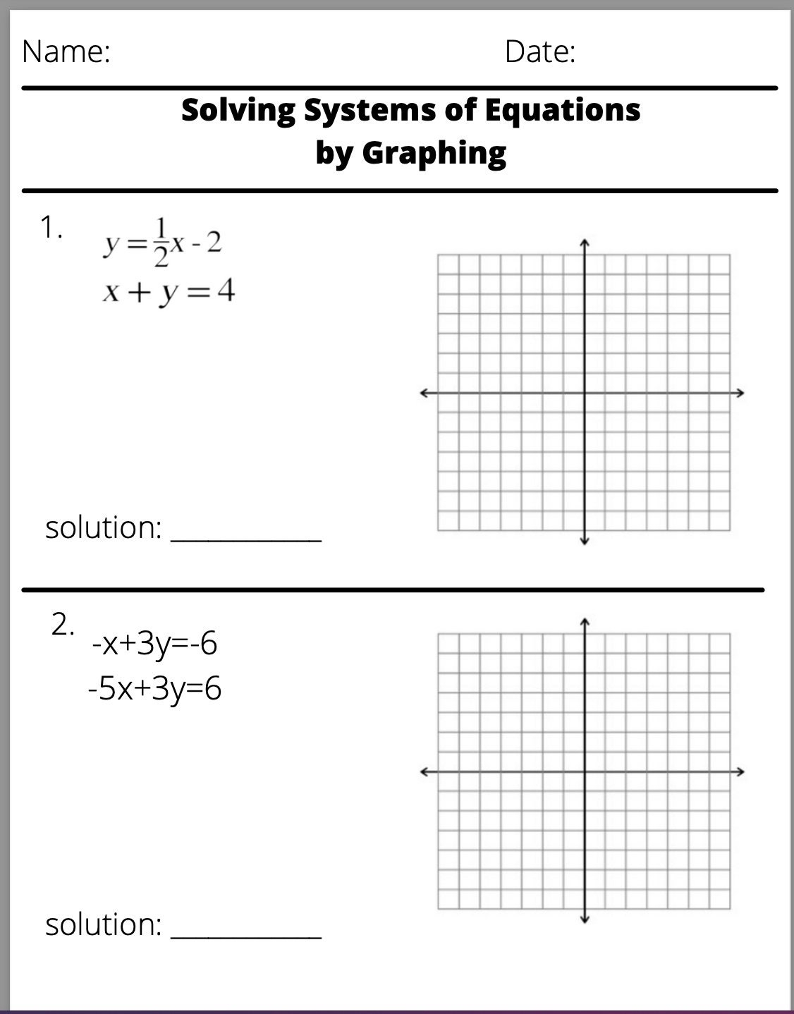 Solving Systems Of Equations By Graphing Worksheet Etsy