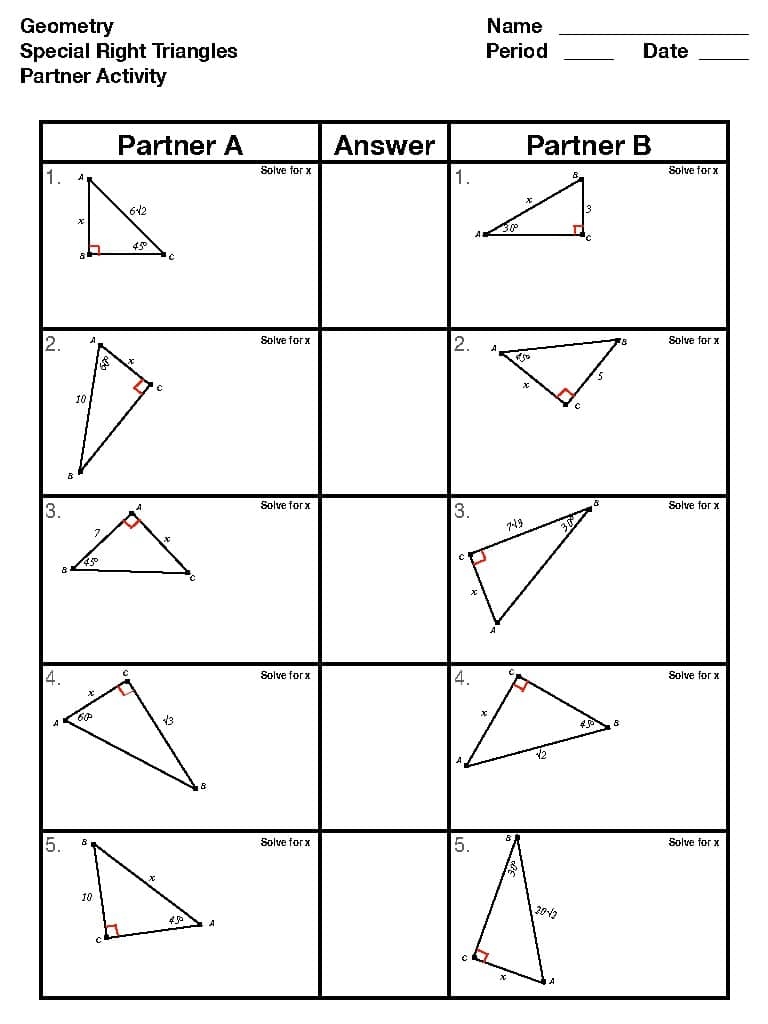 Special Right Triangles Partner Activity By Math With Friends TPT