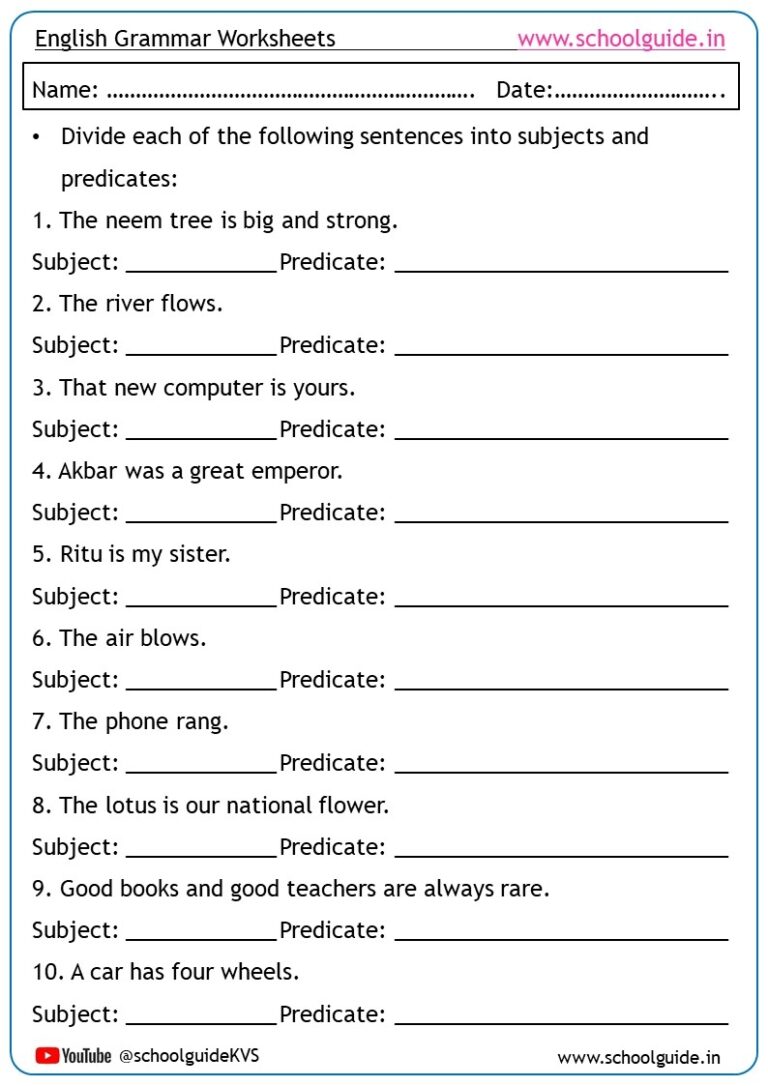 Subject And Predicate Worksheets