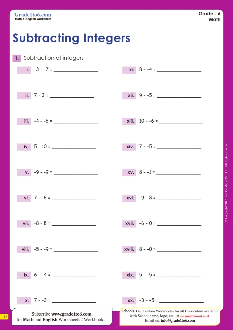 Subtracting Integers 10 To 10 Worksheets Grade 6 Worksheets Library