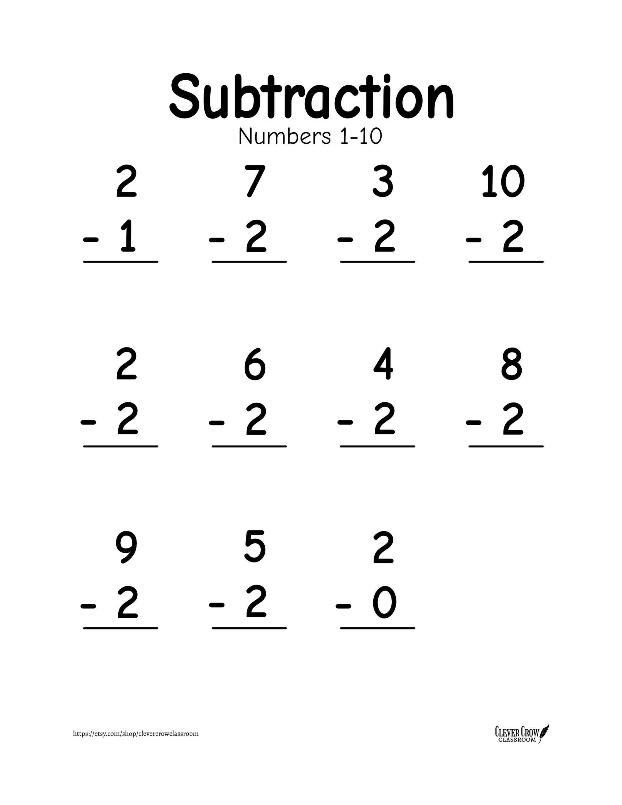 Subtraction Worksheets Numbers 1 10 Vertical Horizontal digital Download Etsy