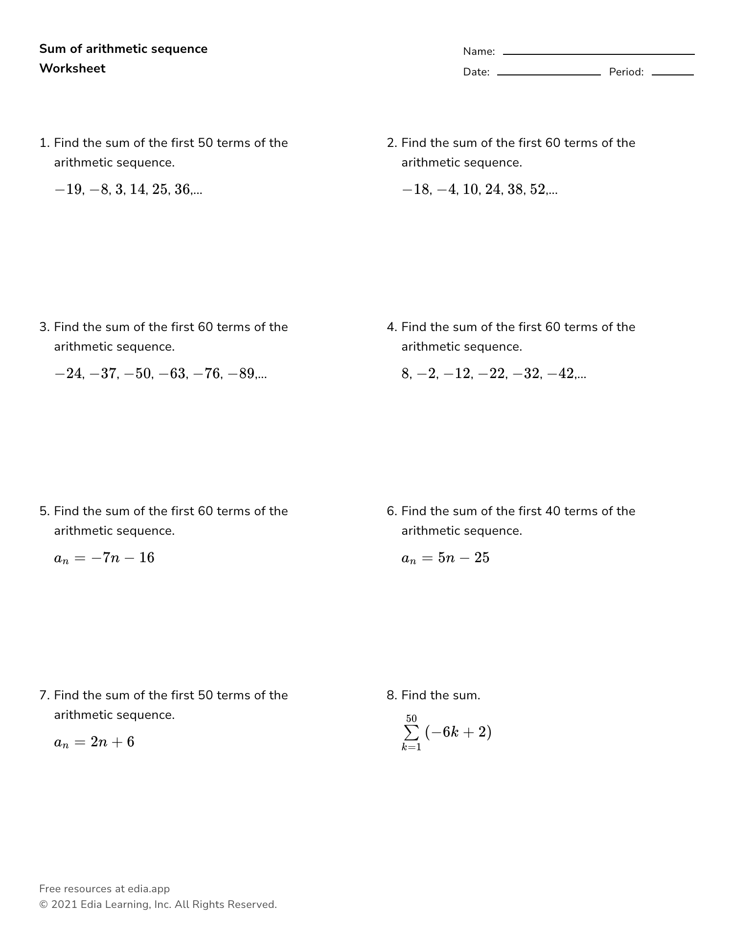 Sum Of Arithmetic Sequence Worksheet