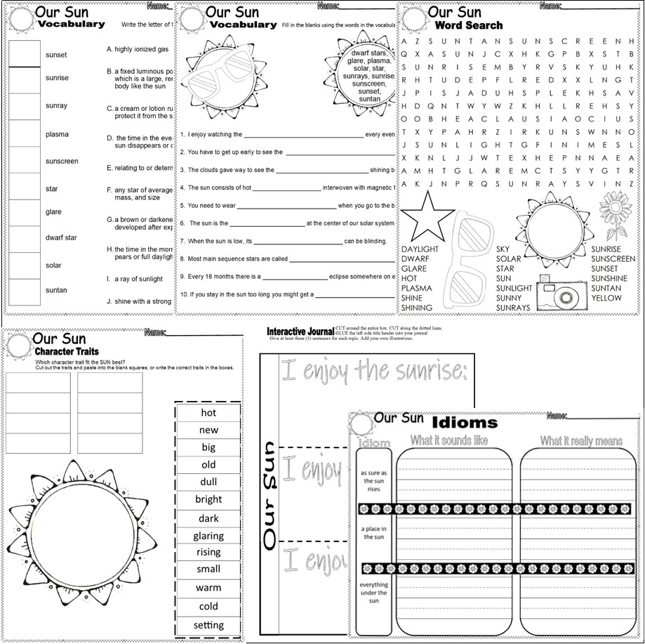 SUN Theme NO PREP Activity Worksheets Writing Vocabulary Math ELA Solar Eclipse Classful