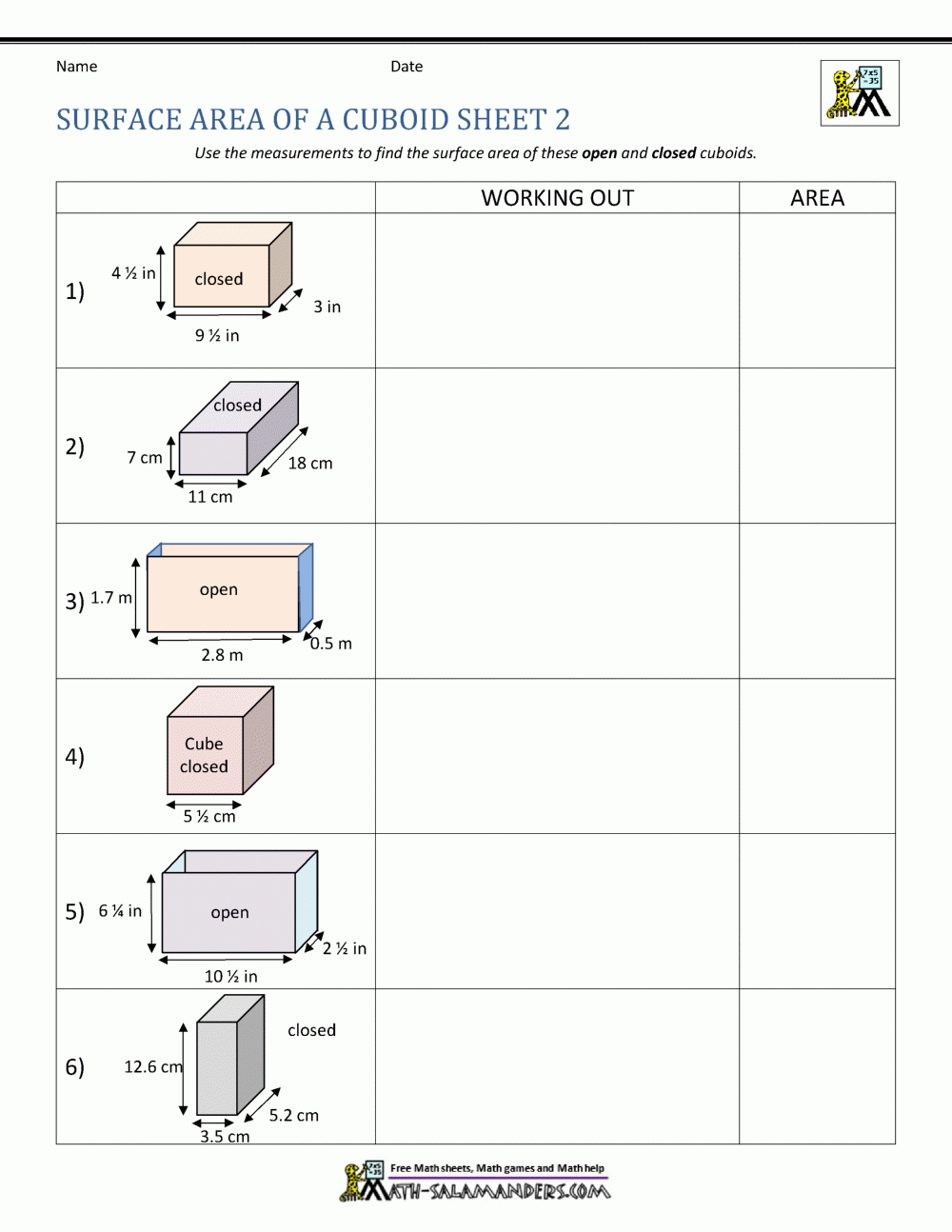 find the area of 3d shape print out worksheet