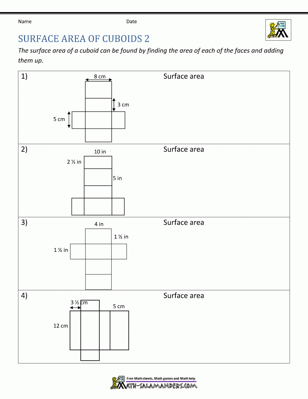 Surface Area Worksheet 6th Grade