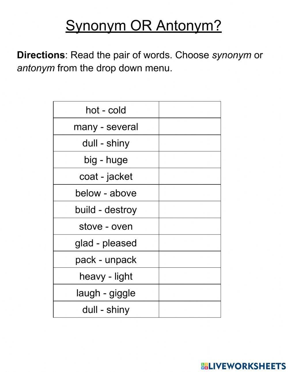 Synonym Or Antonym Worksheet Live Worksheets Worksheets Library