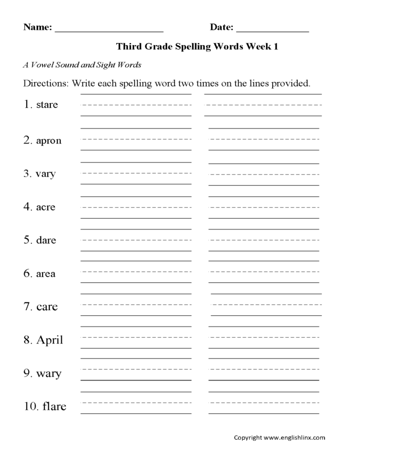 Third Grade Spelling Worksheets Printable Word Lists Practice Activities
