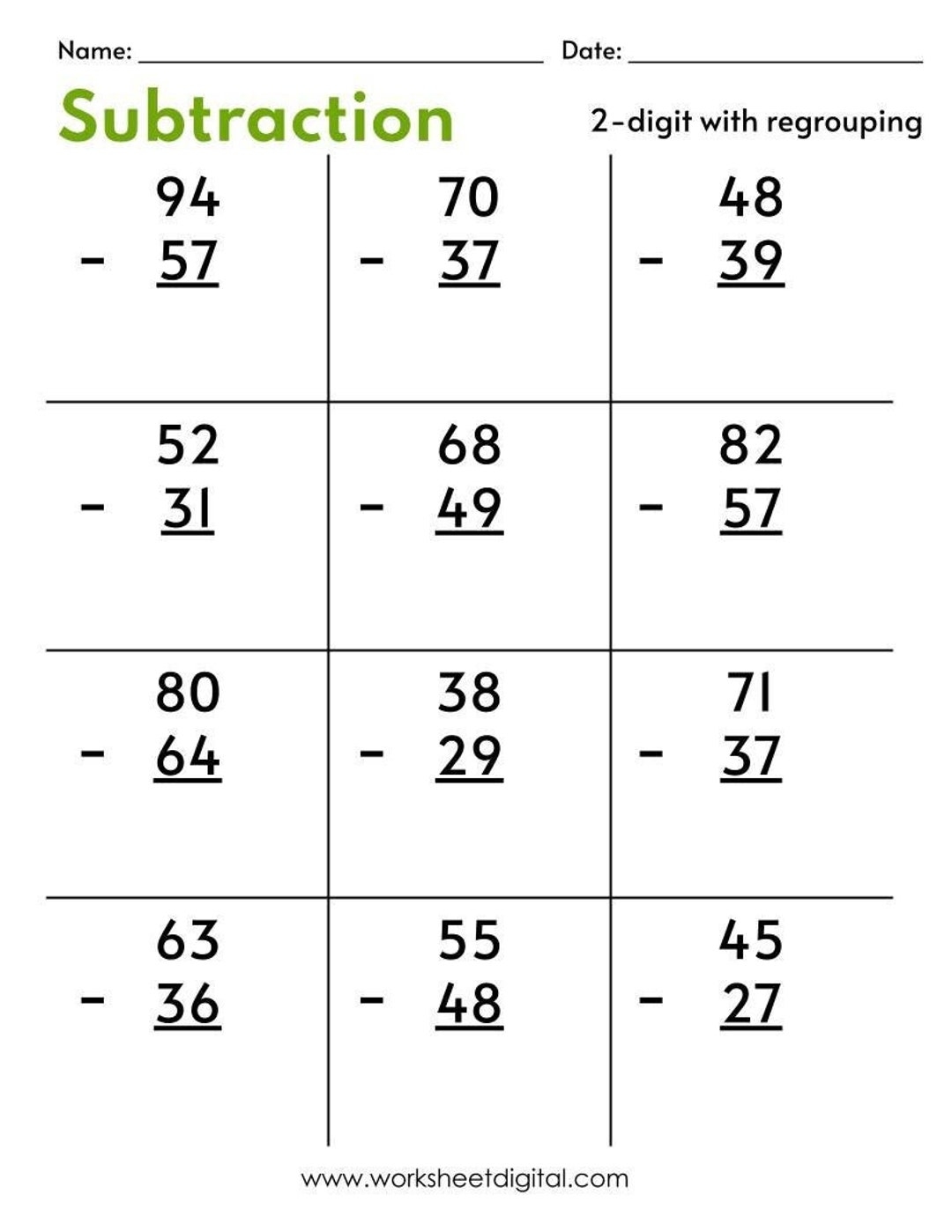Two Digit Subtraction Worksheets With Regrouping PDF Etsy