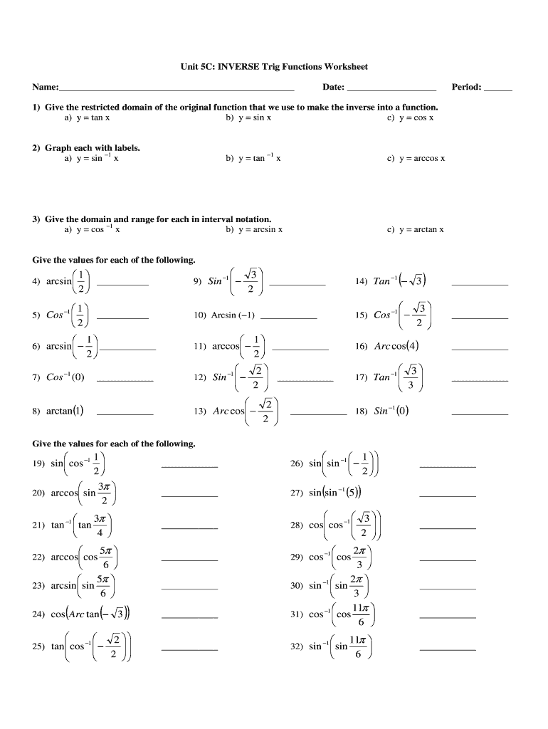 Unit 5c Inverse Trig Functions Worksheet Fill Online Printable Worksheets Library