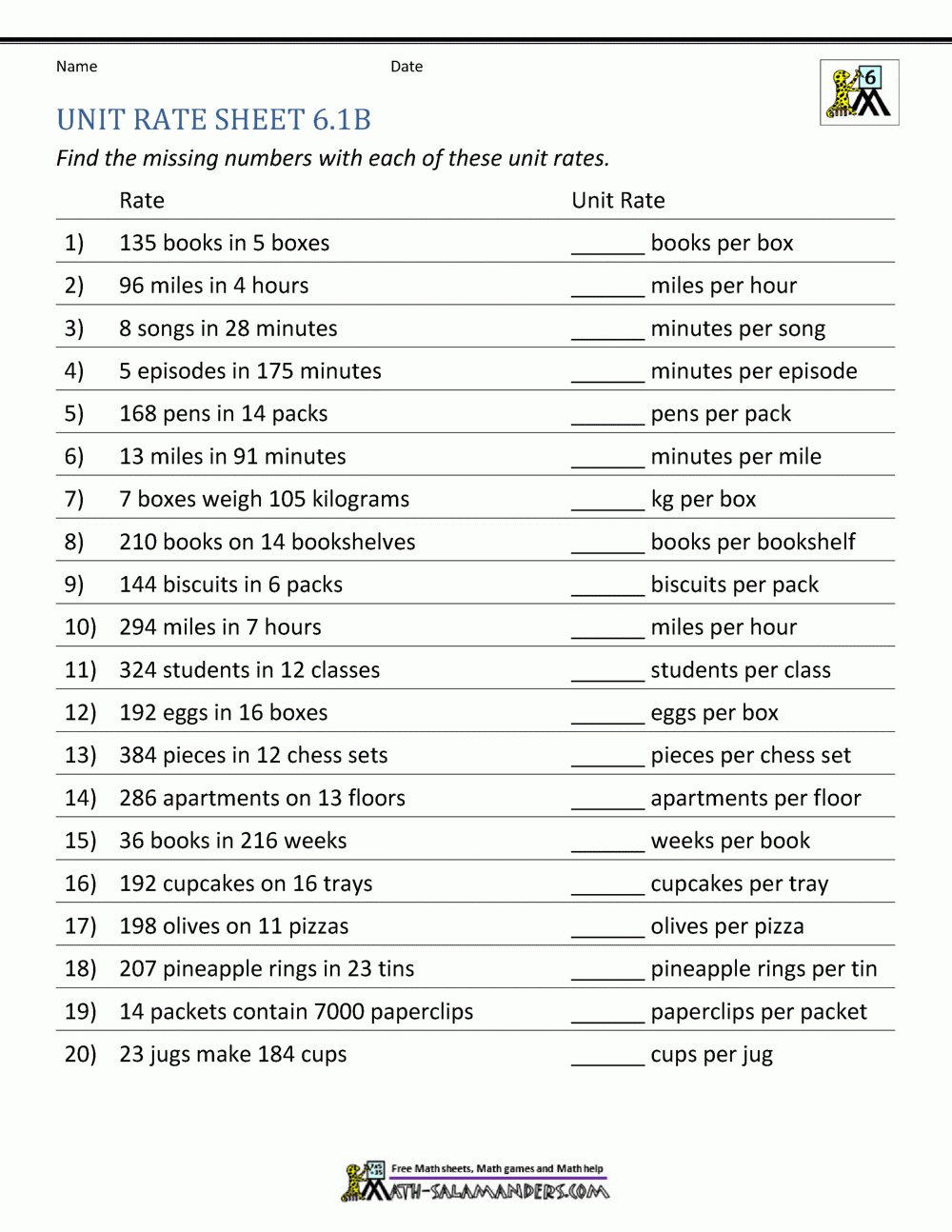 Unit Rate Problems 6th Grade Worksheets Library